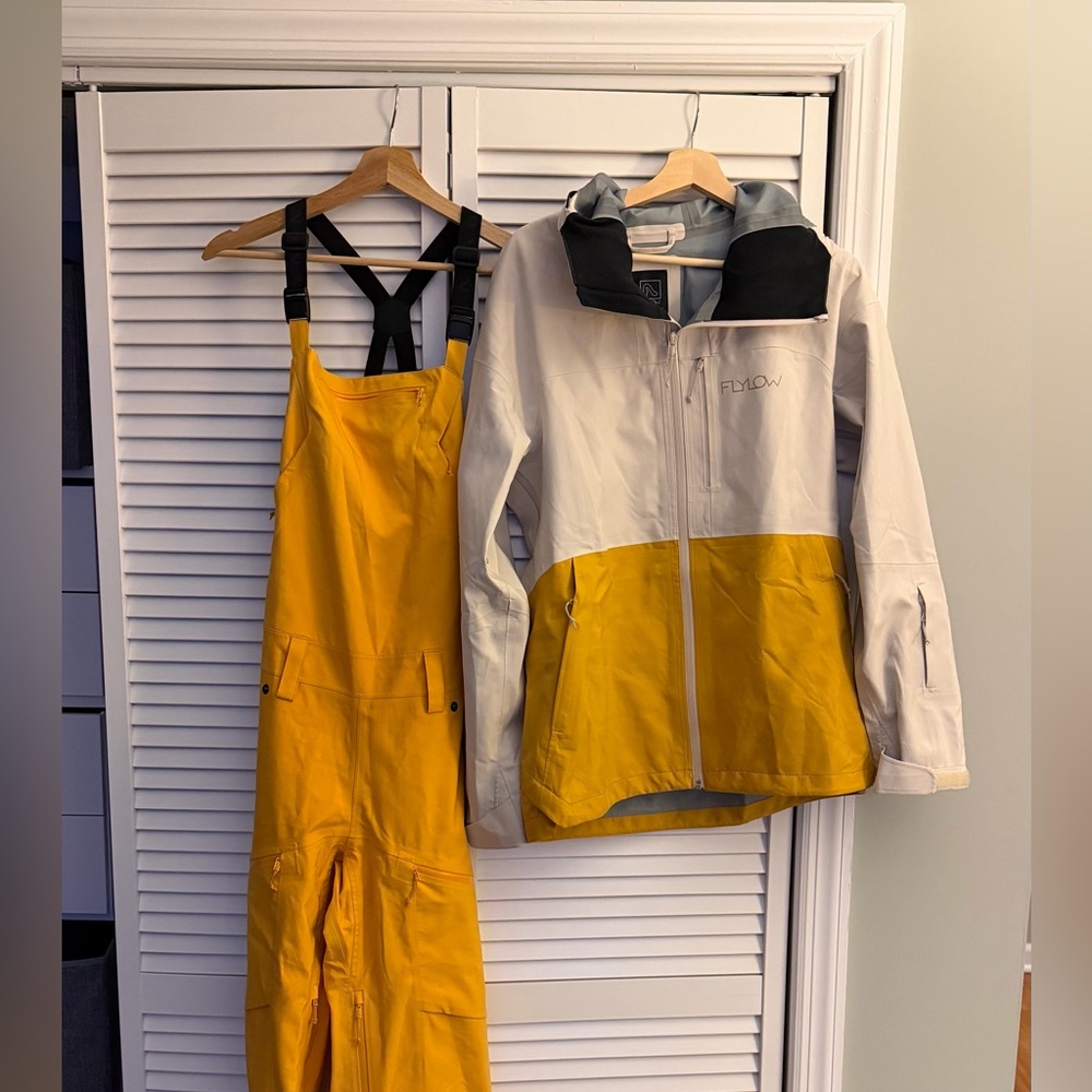 Ski suit, Flylow two-piece in yellow, bib and jacket